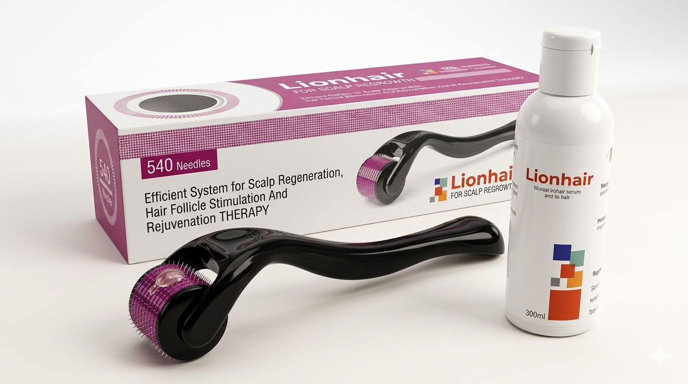 Minoxidil + Dermaroller - Lionhair Minoxidil 5% Topical Solution and Dermaroller used stimulates growth, treat hair thinning and reverse hair loss, for hairline and beards