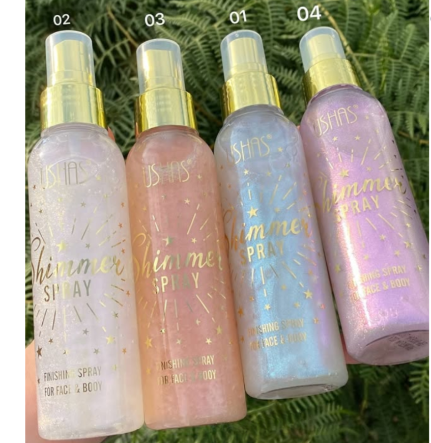 Ushas Fcae &Body Glow Shimmer Spray- Body shimmer spray illuminating radiant sheen to the skin, face, hair, and clothing with non-sticky, non-greasy, and breathable finish.