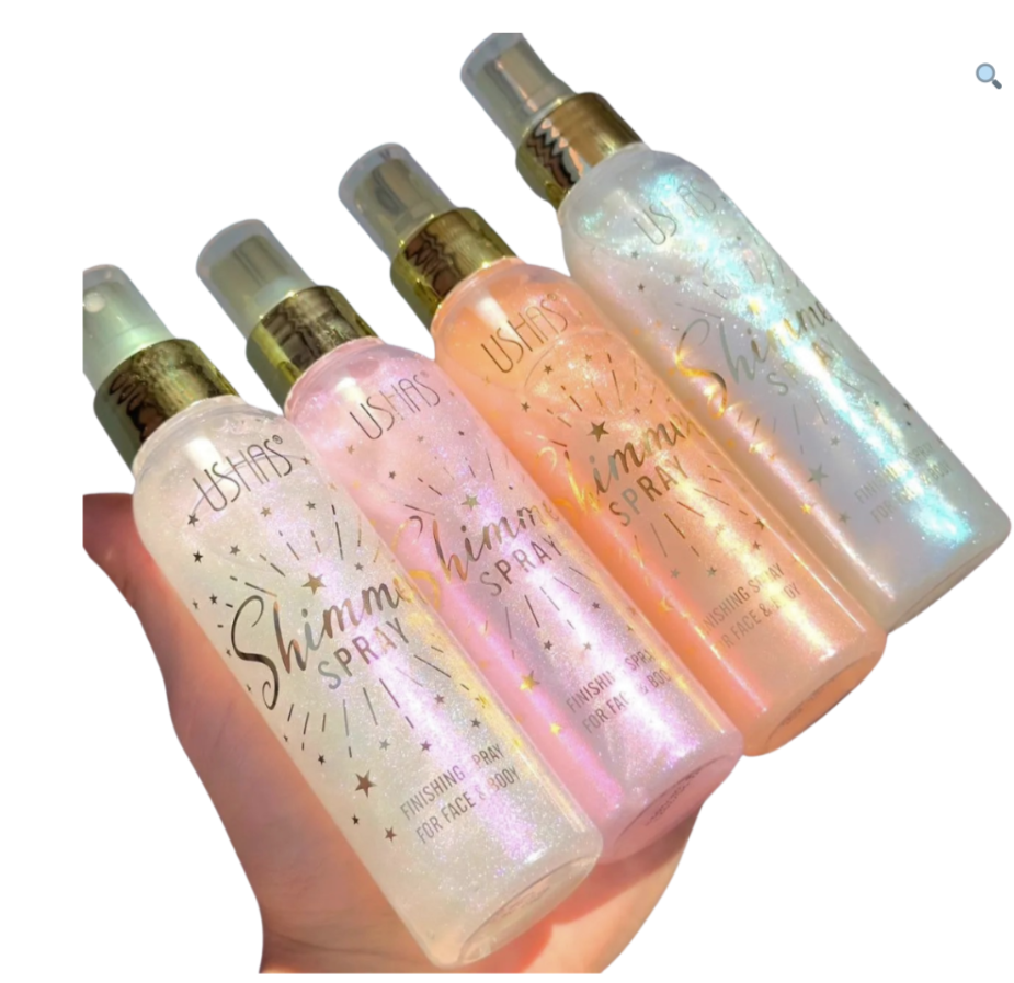 Ushas Fcae &Body Glow Shimmer Spray- Body shimmer spray illuminating radiant sheen to the skin, face, hair, and clothing with non-sticky, non-greasy, and breathable finish.