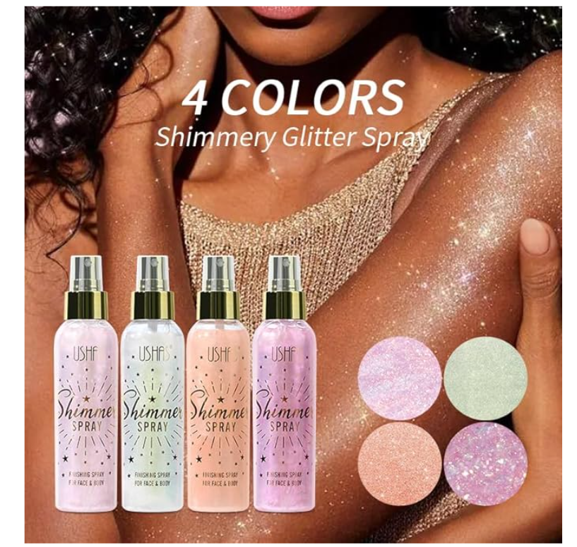 Ushas Fcae &Body Glow Shimmer Spray- Body shimmer spray illuminating radiant sheen to the skin, face, hair, and clothing with non-sticky, non-greasy, and breathable finish.