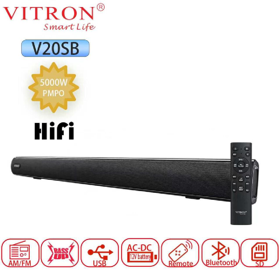 vitron V20SB HIFI soundbar Deep bass with 5000W PMPO featuring FM/USB/BT/SD and AC/DC Power supply -black super bass