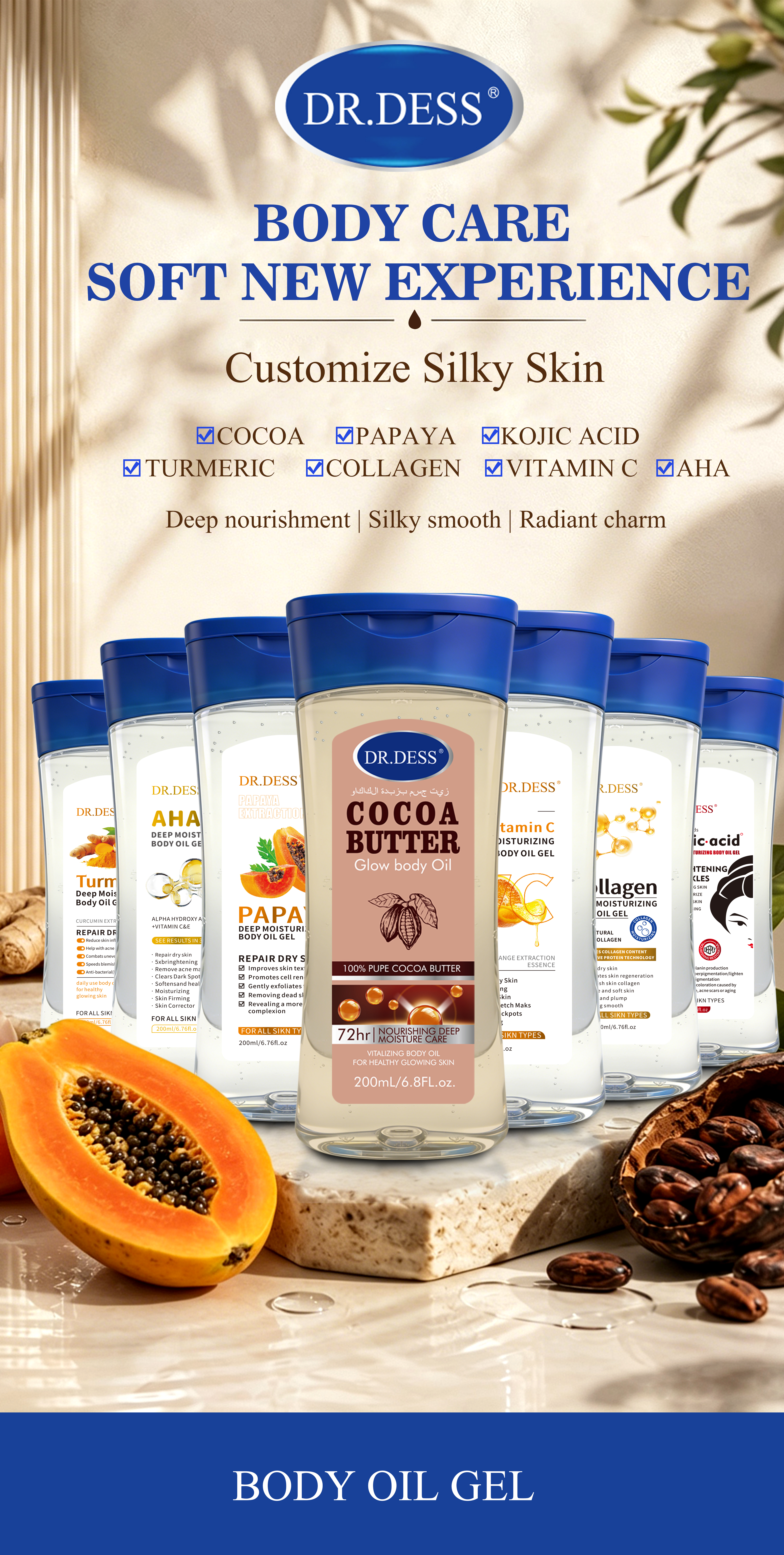 DR.DESS  Papaya Moisturizing Body Oil Gel 200ml Improves skin texture Deep hydration Lightweight & non-greasy Improves uneven skin tone Brightens