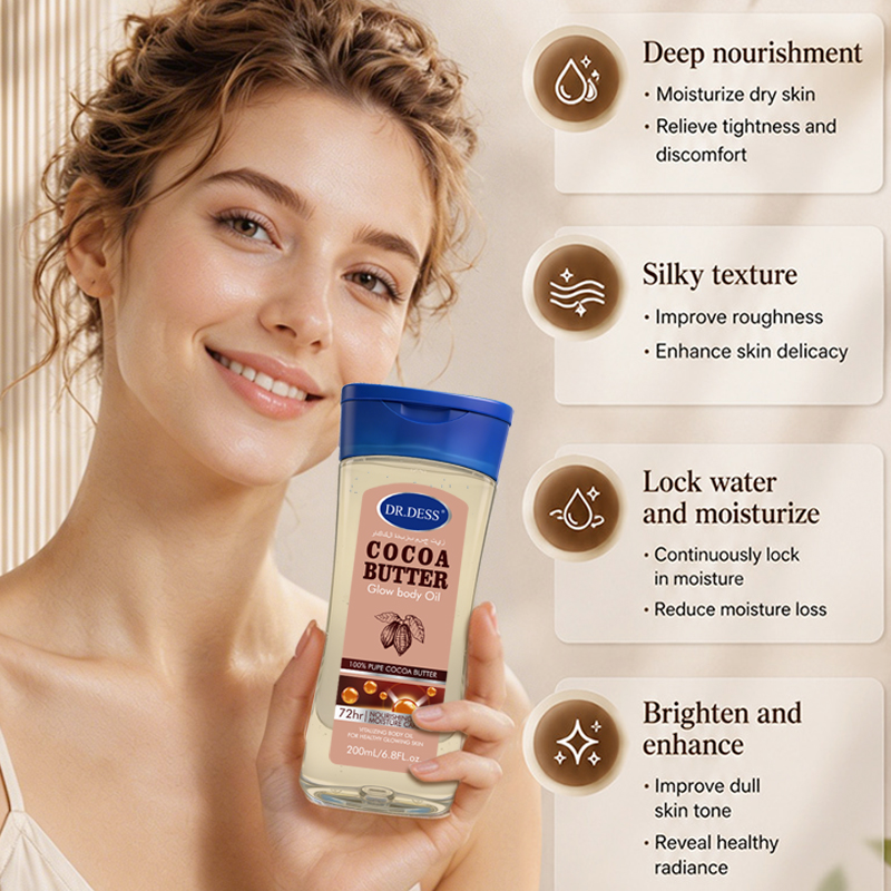 DR.DESS Cocoa Butter Glow Body Oil Gel Radiant Body Oil, 100% Natural Cocoa Butter 200ml Moisturizing Fast Absorbing Glowy Skin