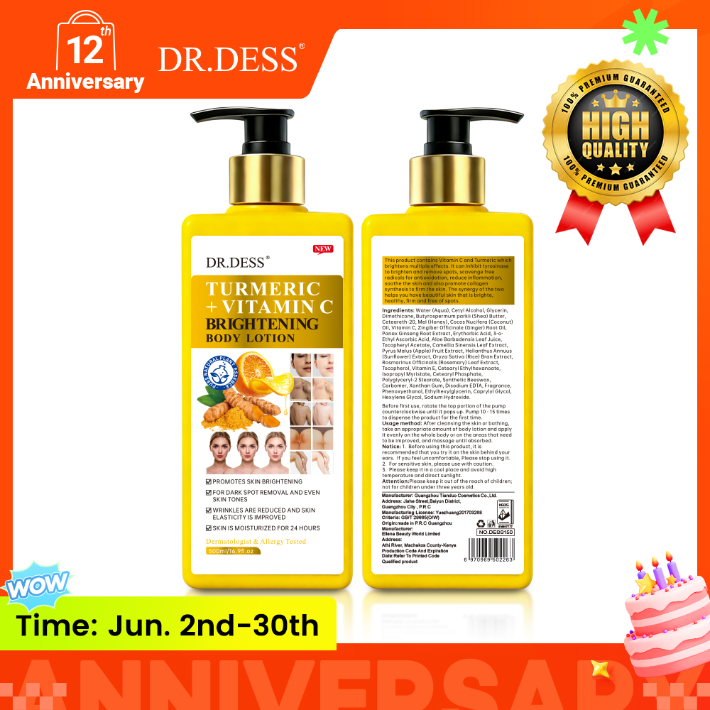 DR.DESS  Turmeric Vitamin C Brightening Body Lotion 500ml brightens skin, fades dark spots, and evens skin tone Skin Moisturization