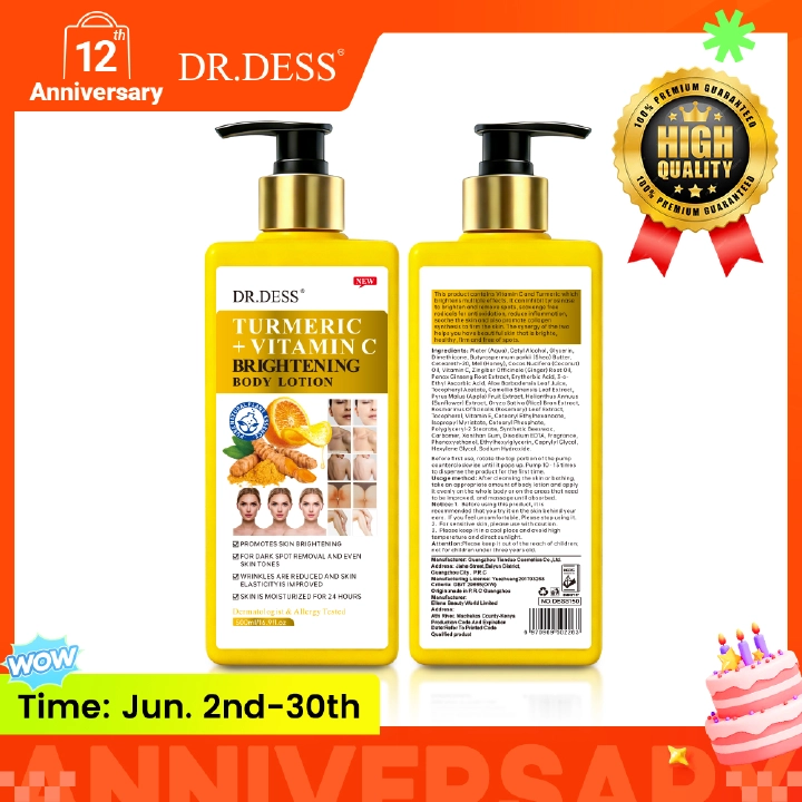 DR.DESS  Turmeric Vitamin C Brightening Body Lotion 500ml brightens skin, fades dark spots, and evens skin tone Skin Moisturization