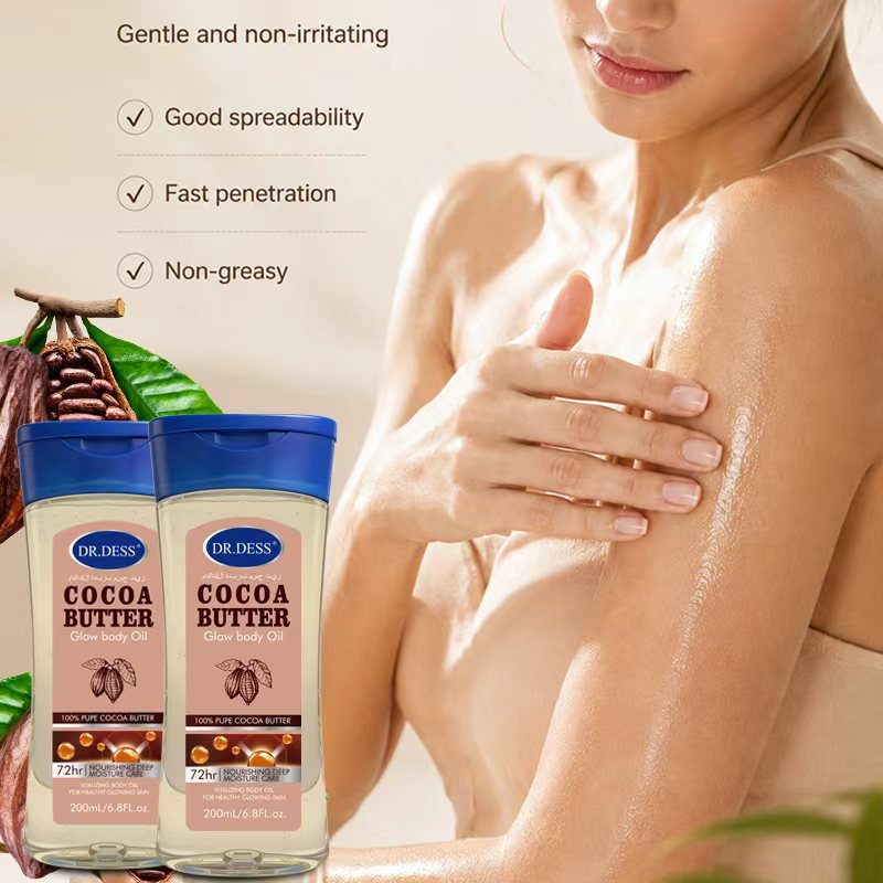 DR.DESS Cocoa Butter Glow Body Oil Gel Radiant Body Oil, 100% Natural Cocoa Butter 200ml Moisturizing Fast Absorbing Glowy Skin
