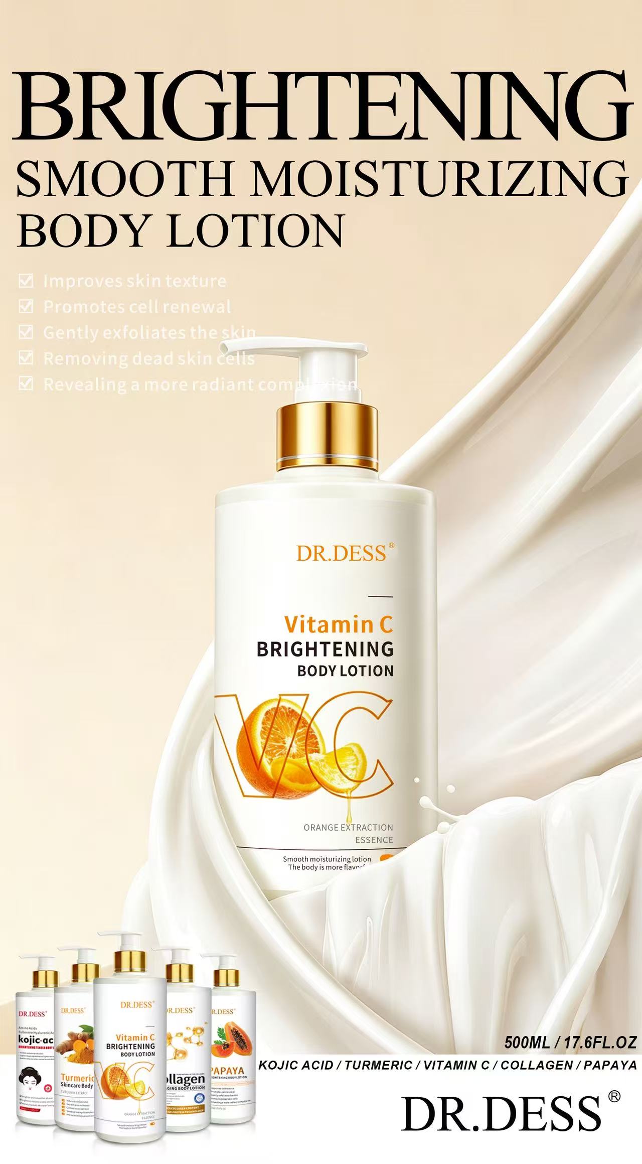 DR.DESS Body Lotion Collagen Kojic  Papaya  Turmeric  Vitamin C  Deeply Moisturizes, Nourishes, Soothes Dryness, Brightens Dull Skin, Leaves Skin Smooth, Soft and Radiant  500ml
