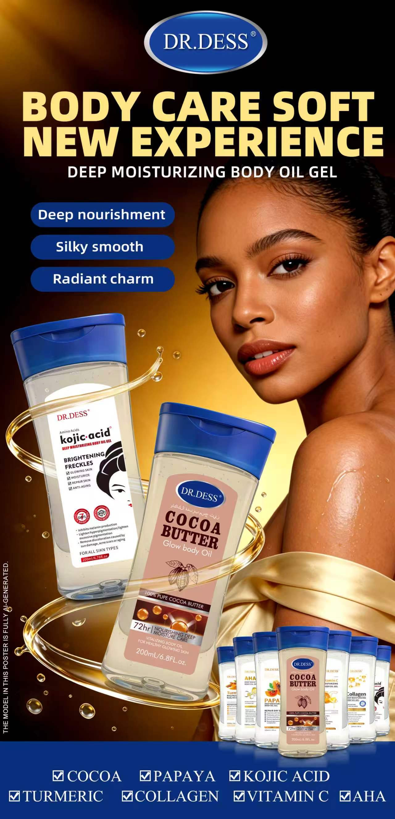 DR.DESS Cocoa Butter Glow Body Oil Gel Radiant Body Oil, 100% Natural Cocoa Butter 200ml Moisturizing Fast Absorbing Glowy Skin