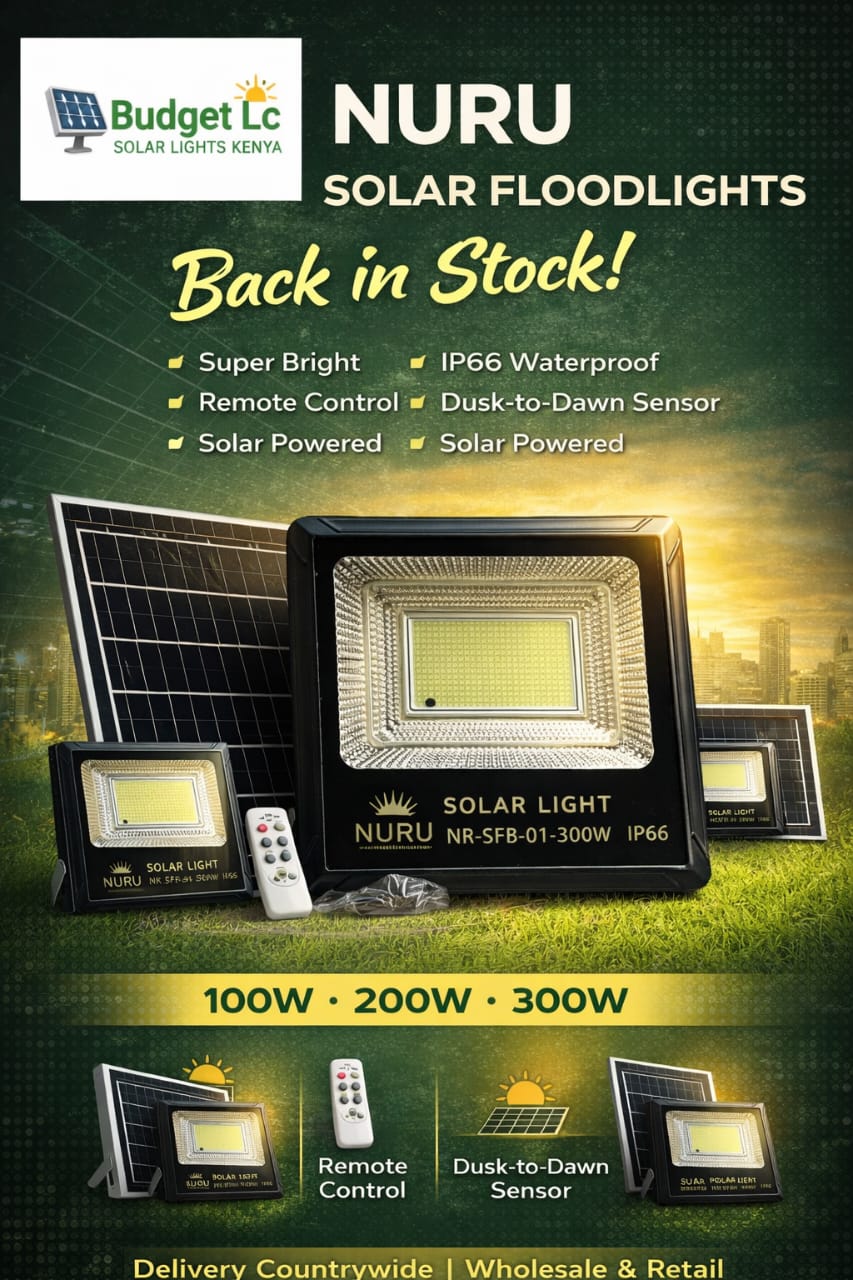 RESTOCKED ON OFFER🔥
NURU Solar Floodlights /Outdoor security Lights/ Dusk To Dawn Sensor/Remote control
* Bright.
* All Weather Solar Panel.
* Ultra-Thin Design.
* 100Watts,🔥
* 200Watts🔥
* 300Watts