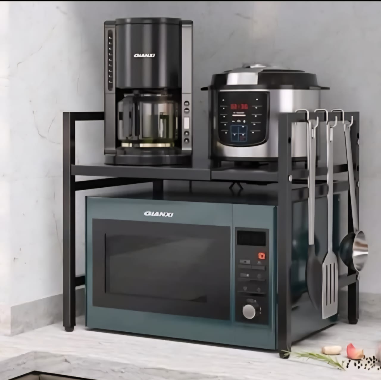🔥 Microwave organiser; Single layer Heavy-duty Adjustable Microwave Stand  🔥

▪︎Stainless steel and rust free

▪︎Available in black

▪︎Material: Carbon steel

▪︎Scratch and rust resistance