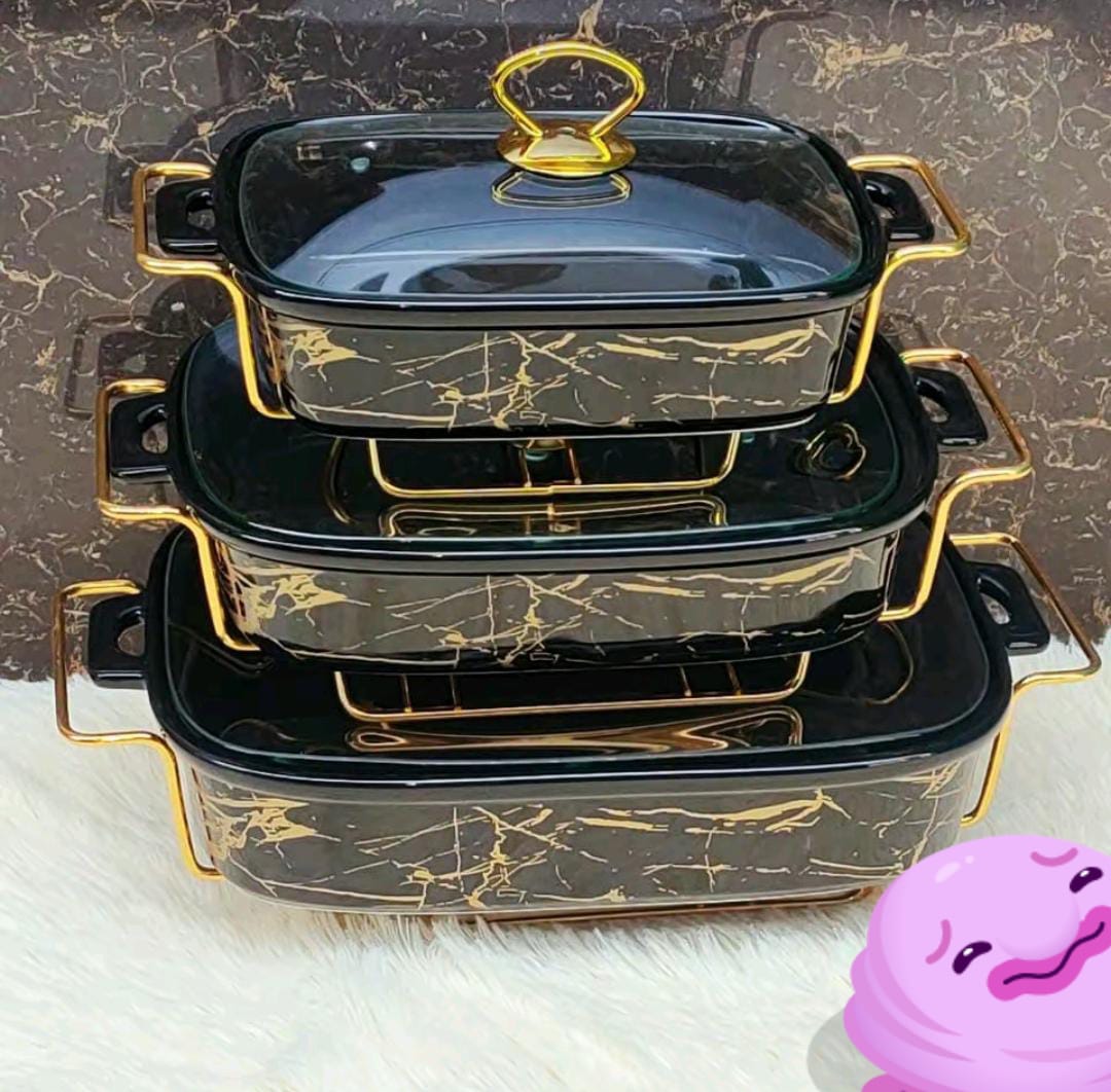 ON OFFER !! 🤩 3 Pieces Ceramic Chaffing dishes / 3-Piece Black Gold Marble Ceramic Chaffing Dish Set - 3.8 Litres, 2.8 Litres, 1.8Litres - Elegant Heat-Resistant Buffet Server 🤩