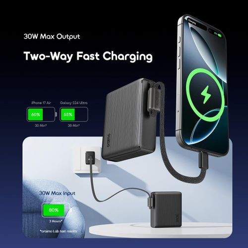 Oraimo PowerNova L11 10000mAh Power Bank 22.5W Fast Charging Built-in Type-C Cable USB-C LED Display Portable Charger for Android iPhone Travel Backup
