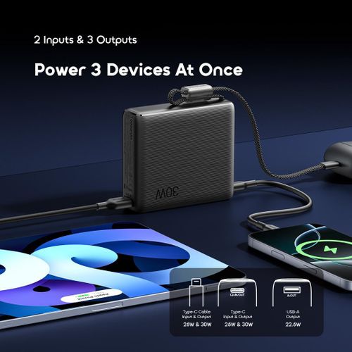 Oraimo PowerNova L11 10000mAh Power Bank 22.5W Fast Charging Built-in Type-C Cable USB-C LED Display Portable Charger for Android iPhone Travel Backup