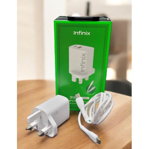 Infinix 33W GaN Fast Charger With Type-C Cable – Dual Port USB-A USB-C Super Fast Charging Adapter For Infinix, Tecno, Samsung, Xiaomi Android Phones Safe Charger