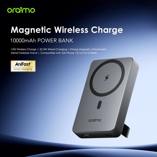 Oraimo MagPower 15 10000mAh Magnetic Wireless Power Bank, 15W Wireless Charging, 22.5W Fast Charging, USB-C PD Portable Charger with Foldable Stand Kenya