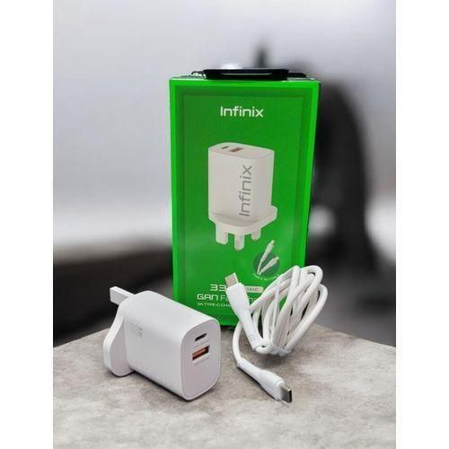 Infinix 33W GaN Fast Charger With Type-C Cable – Dual Port USB-A USB-C Super Fast Charging Adapter For Infinix, Tecno, Samsung, Xiaomi Android Phones Safe Charger