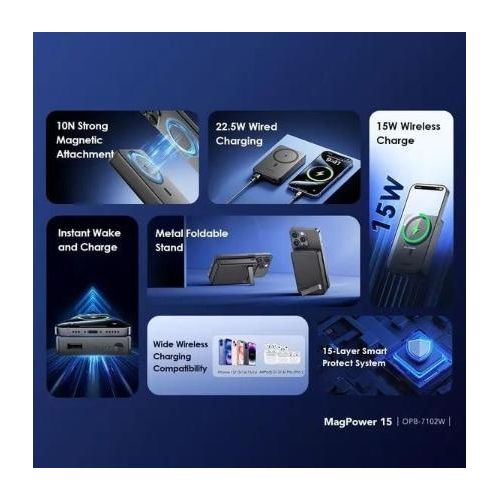 Oraimo MagPower 15 10000mAh Power Bank – 15W MagSafe Compatible Wireless Charging, 22.5W PD Type-C Fast Wired Output