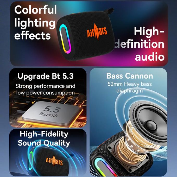 AirMars ABS01 Portable Bluetooth Speaker with Colorful Lights, Loud Sound, Small Bluetooth Speaker with Wireless Stereo Pairing, Mini Gifts for Kids, Teen, Girls, Boys, Women for Christmas