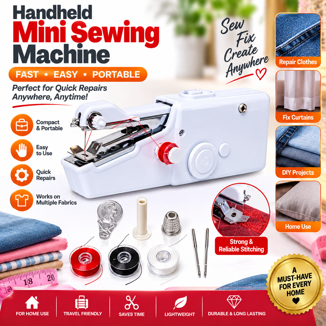 Mini Portable Hand Sewing Machine Quick Handy Stitch Sew Needlework Cordless Clothes Fabrics Household Electric Sewing Machine Handy StiTch Needles Work