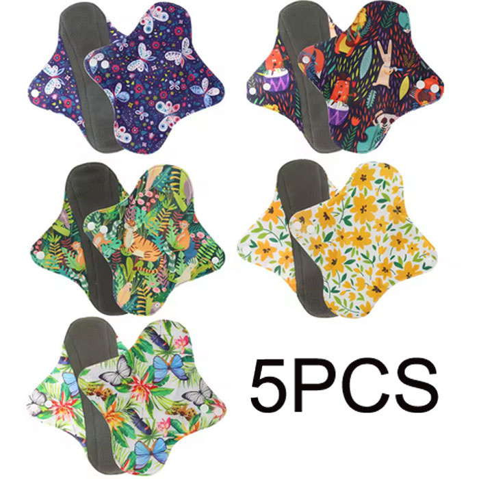 5PCs--Charcoal Menstrual Pads Fast Absorbent Waterproof Panty Liner Washable Cloth Napkin Reusable Sanitary Pads Dropship （Random color delivery.）