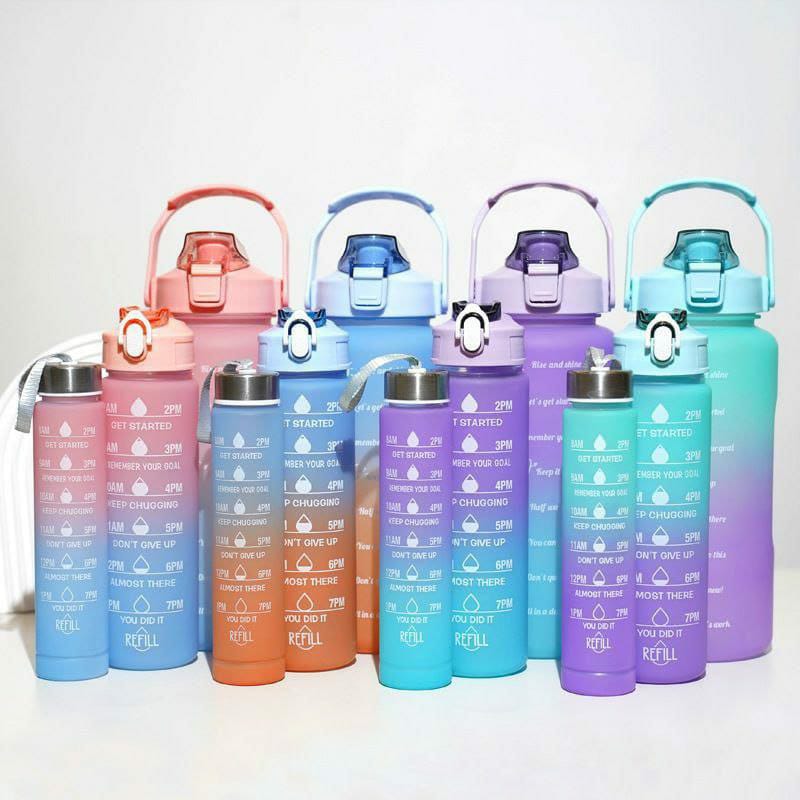 BEST PRICE🍒3 in 1 Sports Water Bottle 3Pcs Set With Motivational Time Marker & Leak Proof Flip Top Lid With Straws - For School, Fitness Enthusiasts & Indoor Outdoor Activities