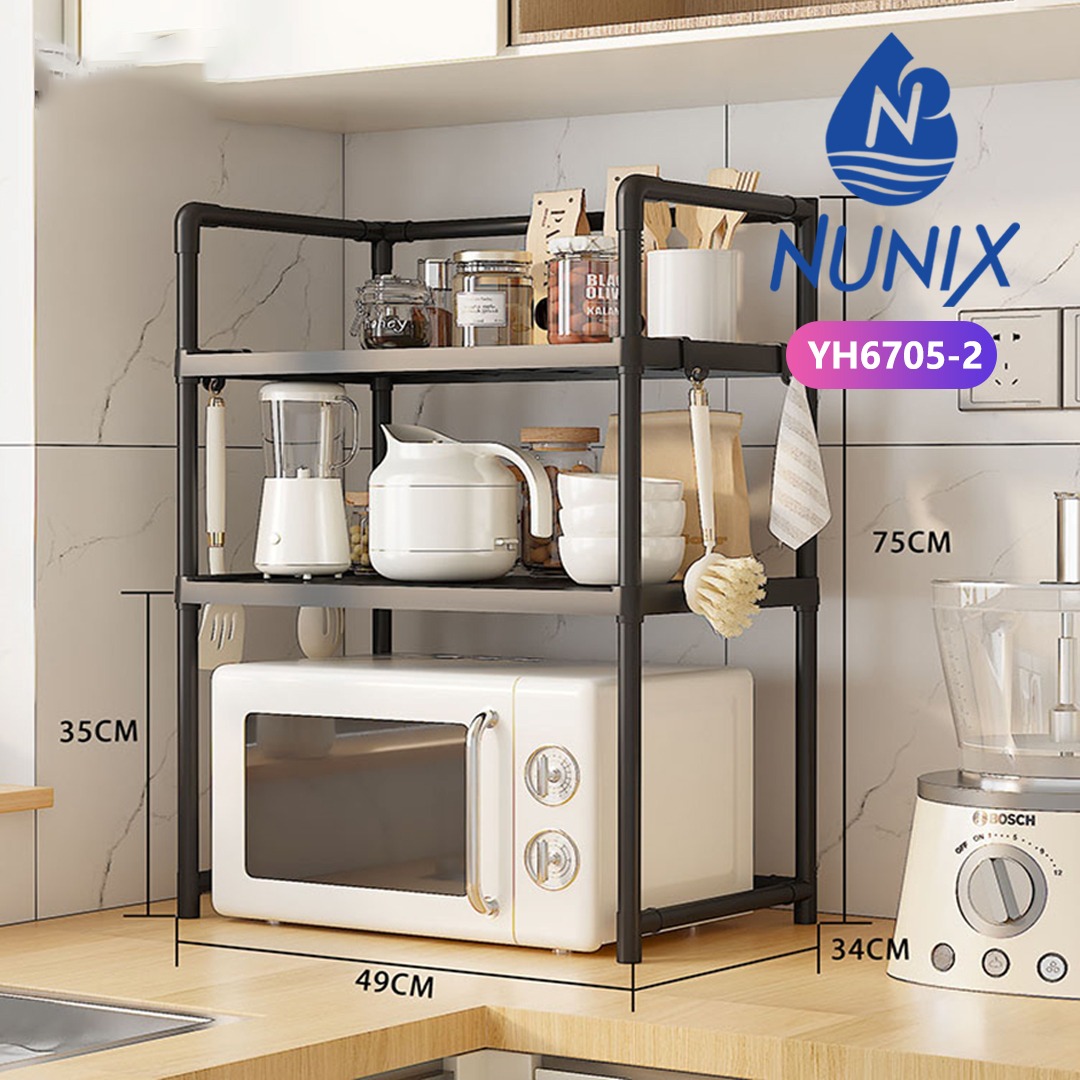 RESTOCKED💦🍒Metallic 2 Layer Microwave Stand Organizer Rack with Side Hooks Kitchen Counter Storage Shelf Heavy Duty Steel Frame Space Saving Multi Purpose Appliance Holder 72cm x 59.6cm x 33cm