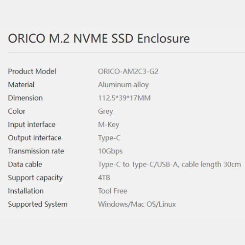 [Special Offer]ORICO M.2 NVME SSD ENCLOSURE AM2C3-G2, USB-C 10Gbps External Adapter for 2230/2242/2260/2280 PCIe NVMe SSD, Aluminium Tool-Free Case (Up to 4TB)