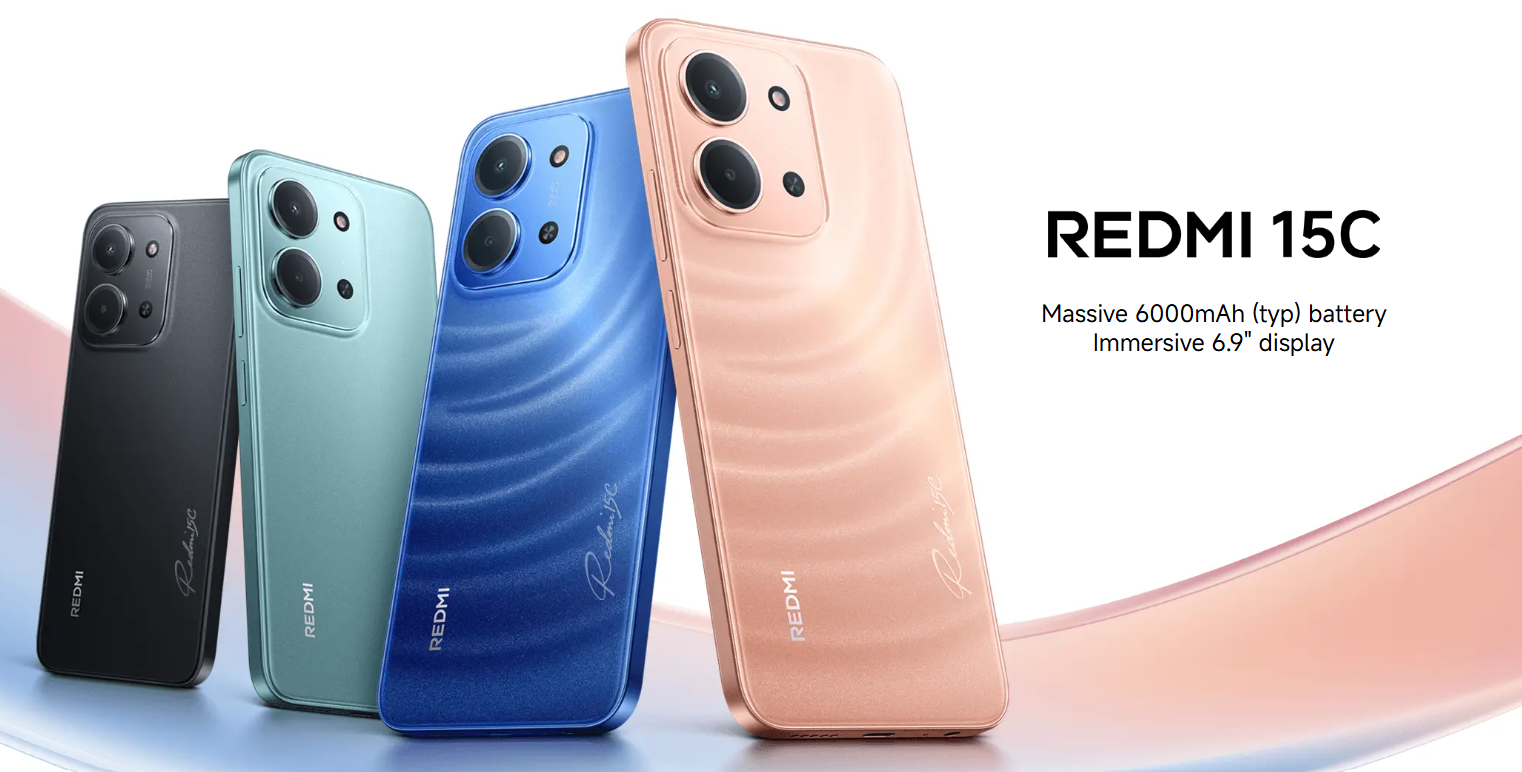 { Special Offer} Redmi 15C Smartphone Display 6.9” 120Hz - 4GB Ram + 128GB Rom Dual SIM, 4G , 6000mAh Battery ,50MP AI dual camera ,33W fast charging ,IP64 ,MediaTek Helio G81-Ultr
