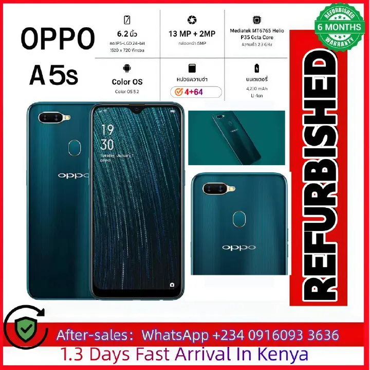 Refurbished oppo A5s smartphone with 64GB+4GB 6.2-inch screen, 4G Android LTE dual SIM phone, 4230mah battery, 8mp rear 13MP+2MP camera, 8-core smartphone 5.0 Face Unlock Fingerprint Unlock