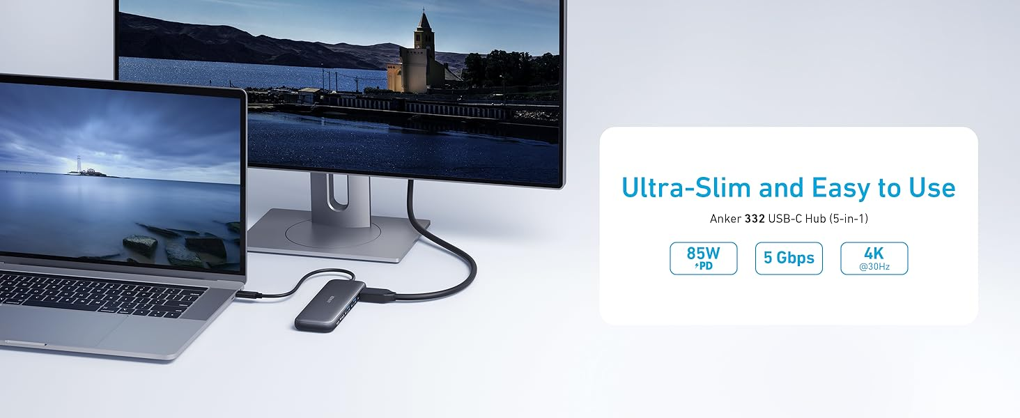 【Anker Official】Anker 332 USB-C Hub (5-in-1) - Black ~ Compact Hub with 4K HDMI 5 Gbps USB-C Data Port and 2 5 Gbps USB-A Data Ports for MacBook Pro, MacBook Air, Dell XPS, Lenovo Thinkpad,HP Laptops
