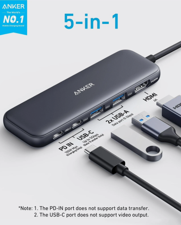 【Anker Official】Anker 332 USB-C Hub (5-in-1) - Black ~ Compact Hub with 4K HDMI 5 Gbps USB-C Data Port and 2 5 Gbps USB-A Data Ports for MacBook Pro, MacBook Air, Dell XPS, Lenovo Thinkpad,HP Laptops