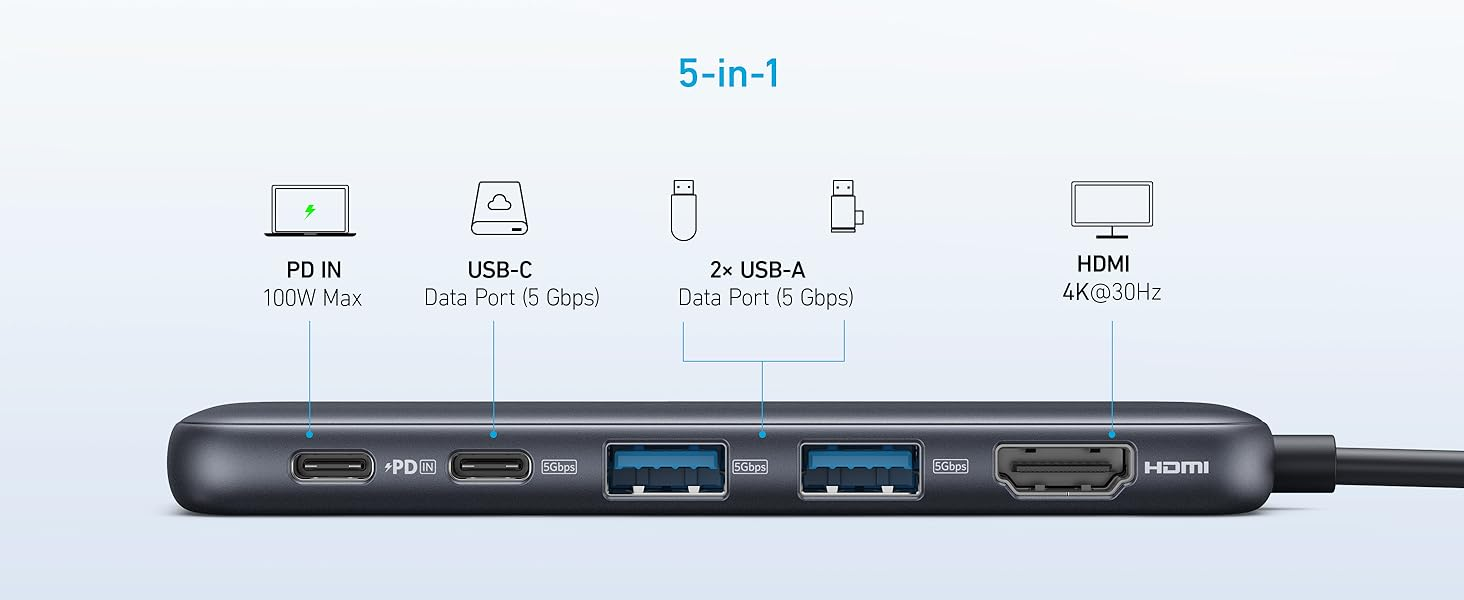 【Anker Official】Anker 332 USB-C Hub (5-in-1) - Black ~ Compact Hub with 4K HDMI 5 Gbps USB-C Data Port and 2 5 Gbps USB-A Data Ports for MacBook Pro, MacBook Air, Dell XPS, Lenovo Thinkpad,HP Laptops