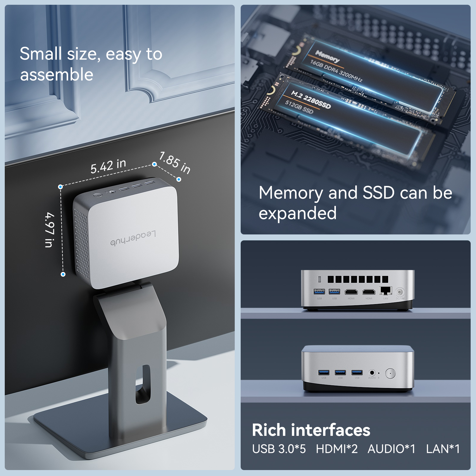 Leaderhub LP5C Mini PC i5-12450HX 16GB DDR4*2 +512GB M.2 NVMe SSD Mini Computers USB 3.2 WiFi 6 BT5.2 RJ45 2.5G 4K Triple Display Desktop PC