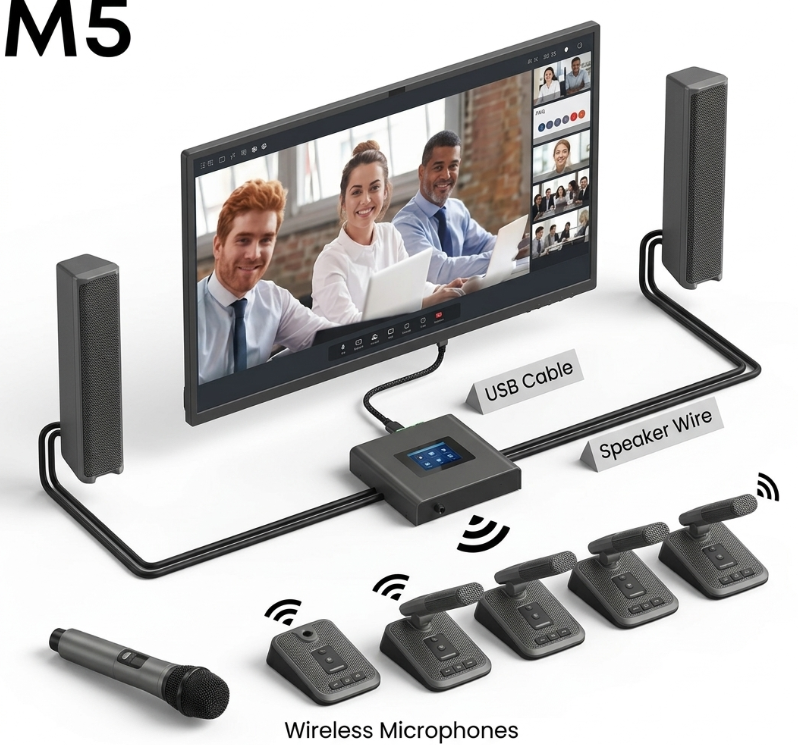 Leaderhub M5 Premium Enterprise Wireless Audio Conference System with Line-Array Speakers (Excludes Screen)