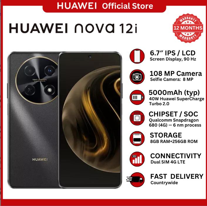 [Special Offer] Huawei Nova 12i Smartphone – 6.7" FHD+ 90Hz Display, 8GB RAM + 256GB ROM 108MP AI Dual Camera, , 5000mAh Battery, 40W SuperCharge Turbo, EMUI 14, Side Fingerprint – 4G LTE