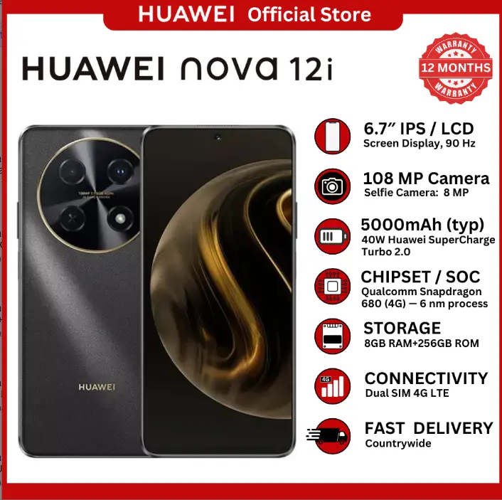 [Special Offer] Huawei Nova 12i Smartphone – 6.7" FHD+ 90Hz Display, 8GB RAM + 256GB ROM 108MP AI Dual Camera, , 5000mAh Battery, 40W SuperCharge Turbo, EMUI 14, Side Fingerprint – 4G LTE