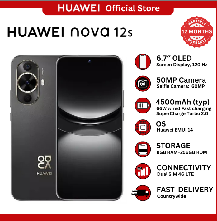 [Huawei Official] Huawei Nova 12s Smartphone  – 6.7" OLED Display (8GB RAM+256GB ROM) Dual SIM  4G , 4500mAh Battery, 66W Fast Charging, HarmonyOS Features, and Stylish Slim Design