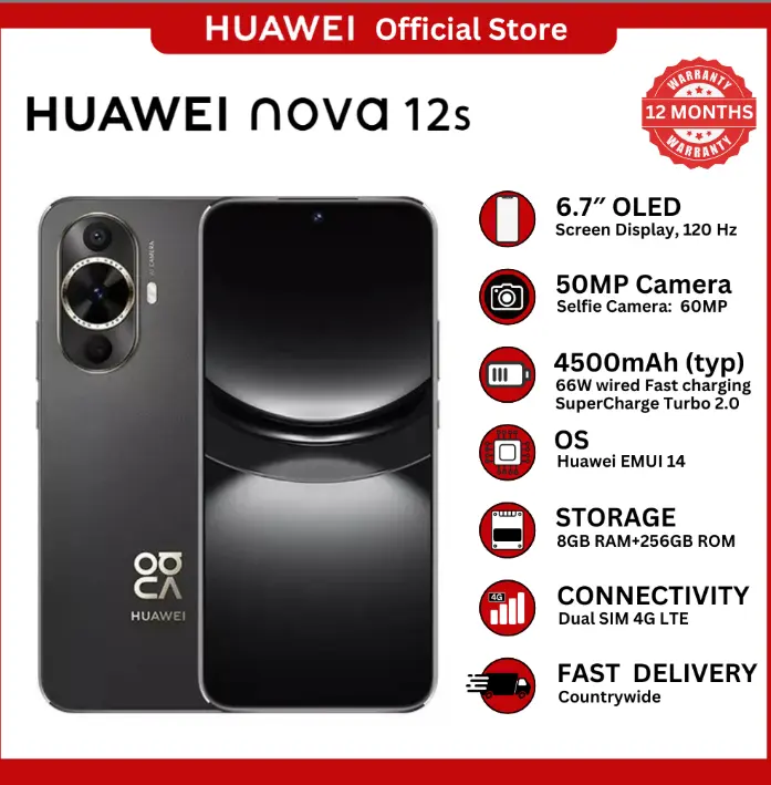 [Huawei Official] Huawei Nova 12s Smartphone  – 6.7" OLED Display (8GB RAM+256GB ROM) Dual SIM  4G , 4500mAh Battery, 66W Fast Charging, HarmonyOS Features, and Stylish Slim Design