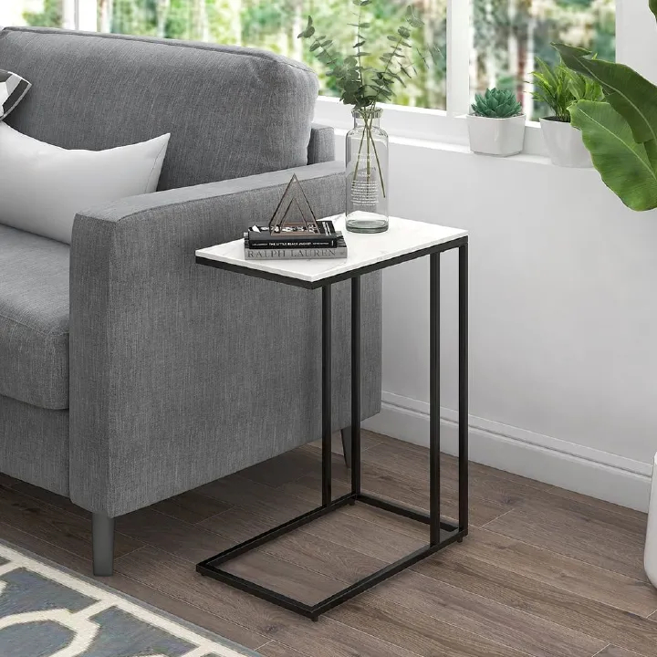 SERENE TOUCH C-Shaped Side Table – Portable White Top with Gold Metal Frame for Sofa, Bedside, Laptop & Snack Use