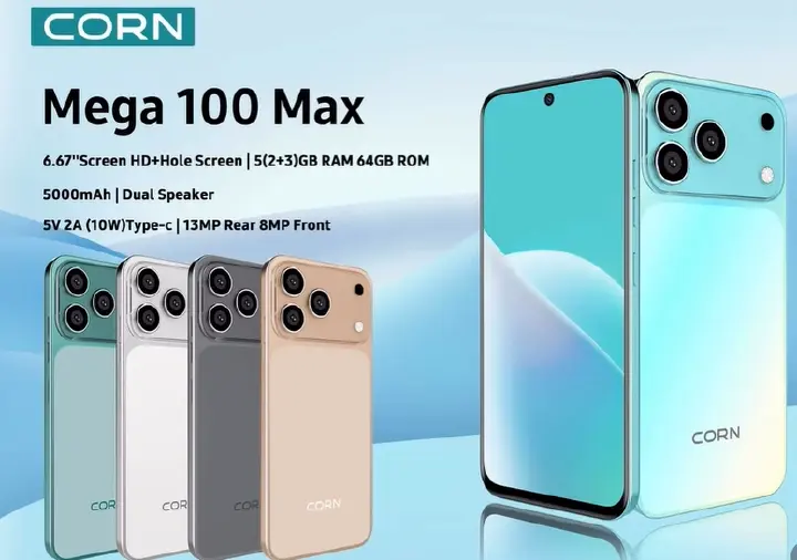 CORN MEGA 100 MAX 6.67"HD 64GB ROM, 5(2+3)GB RAM 5000mAh STRONG BATTERY DUAL SIM CARD SMART PHONE SIDE-MOUNTED FINGERPRINT FACE UNLOCK,13MP ULTRA CAMERA 8MP SELFIE Smart