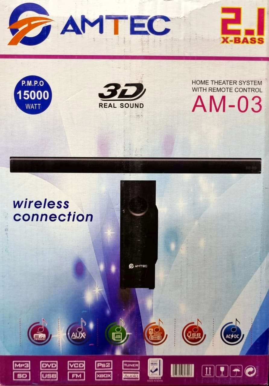 AMTEC AM03 2.1CH 15000PMPO SOUNDBAR HOME THEATRE SYSTEM WITH FULLY FUNCTIONAL REMOTE CONTROL MP3 DVD/USB WIRELESS CONNECTION