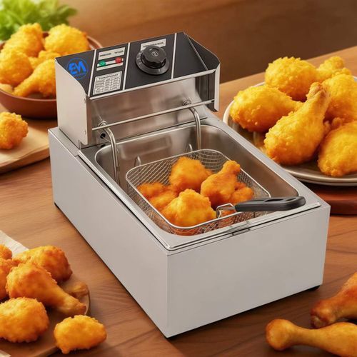 Electromate EM 6 LITRES STAINLESS STEEL Body 6L SINGLE TANK Energy Efficient Double Electric Chips , Chicken , French Fries, MANDAZIS Deep Fryer Machine  For Commercial and House Hold Purpose