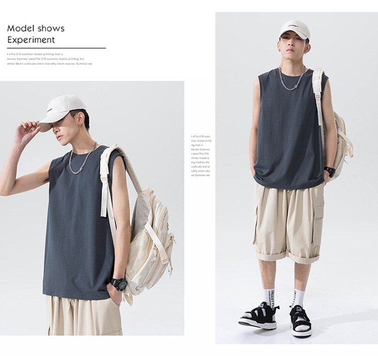 2026 new sports vest, men's sleeveless cotton T-shirt loose trendy plus size top, summer new shoulder basketball sweatshirt T-shirt, fashionable and versatile