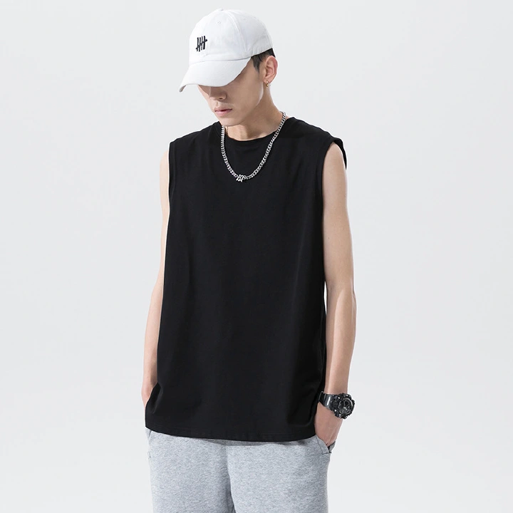 2026 new sports vest, men's sleeveless cotton T-shirt loose trendy plus size top, summer new shoulder basketball sweatshirt T-shirt, fashionable and versatile
