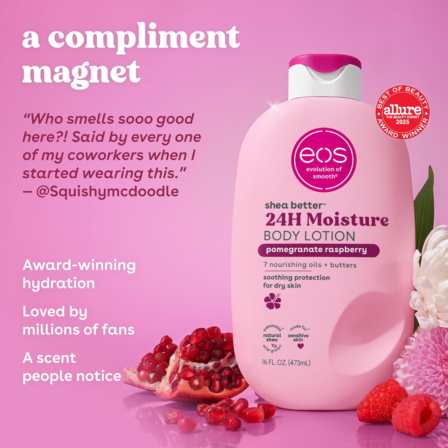 eos Shea Better Body Lotion Pomegranate Raspberry, 24-Hour Moisture Skin Care, Lightweight & Non-Greasy, Made with Natural Shea, Vegan, 16 fl oz