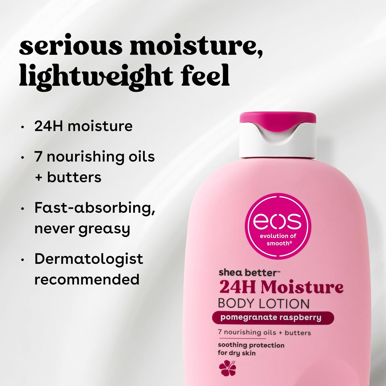 eos Shea Better Body Lotion Pomegranate Raspberry, 24-Hour Moisture Skin Care, Lightweight & Non-Greasy, Made with Natural Shea, Vegan, 16 fl oz