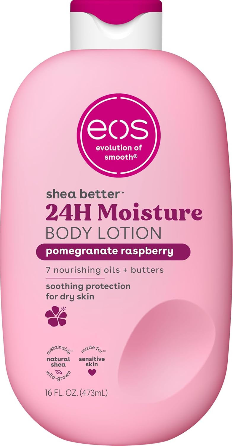 eos Shea Better Body Lotion Pomegranate Raspberry, 24-Hour Moisture Skin Care, Lightweight & Non-Greasy, Made with Natural Shea, Vegan, 16 fl oz