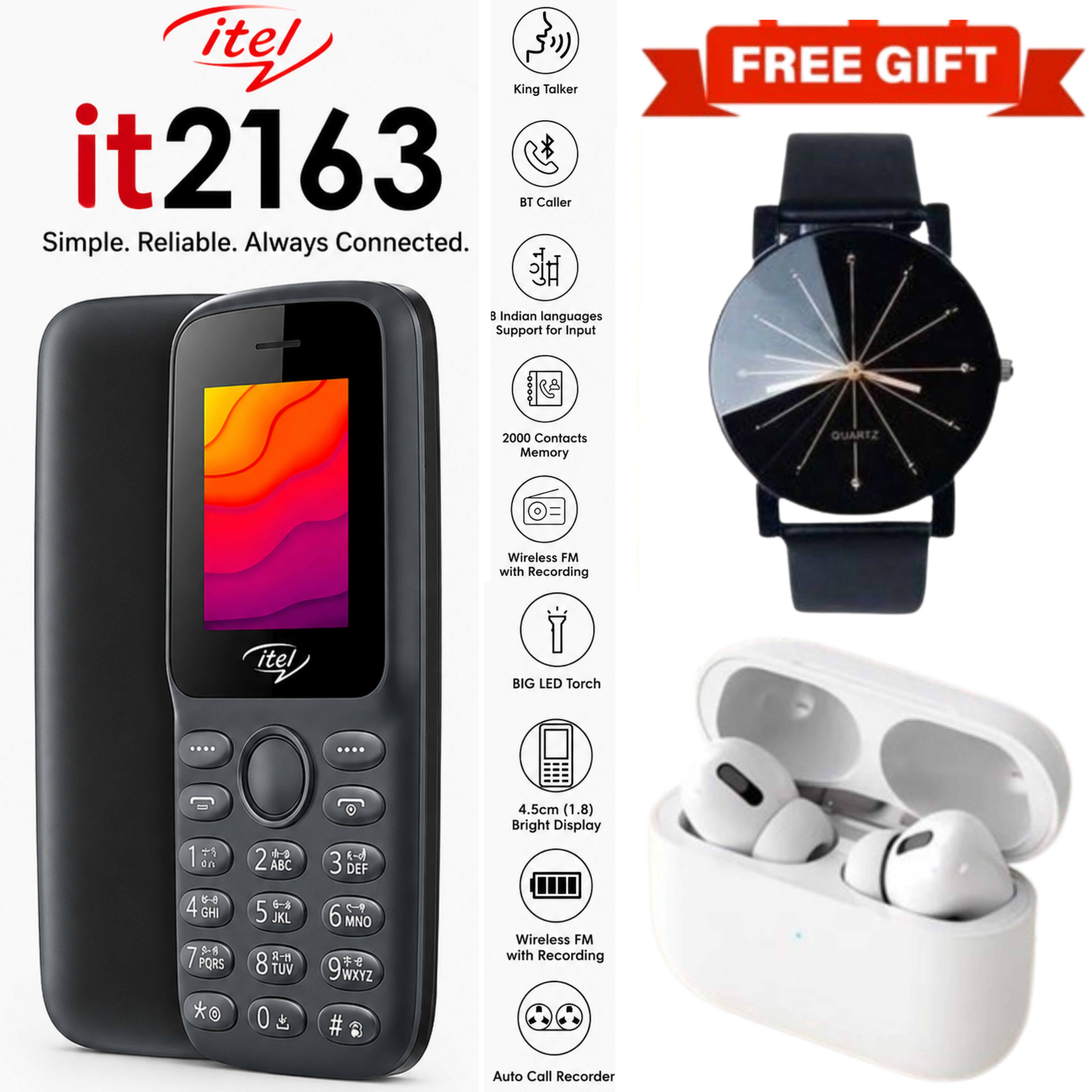 LIMITED DISCOUNT !!!BRAND NEW ITEL 2163 1.8" Display Wireless FM Dual SIM Opera Mini Bright Torch Kabambe Button Feature Phone King Talker with 2000 Contacts Memory, Long-Lasting Battery + FREE GIFTS