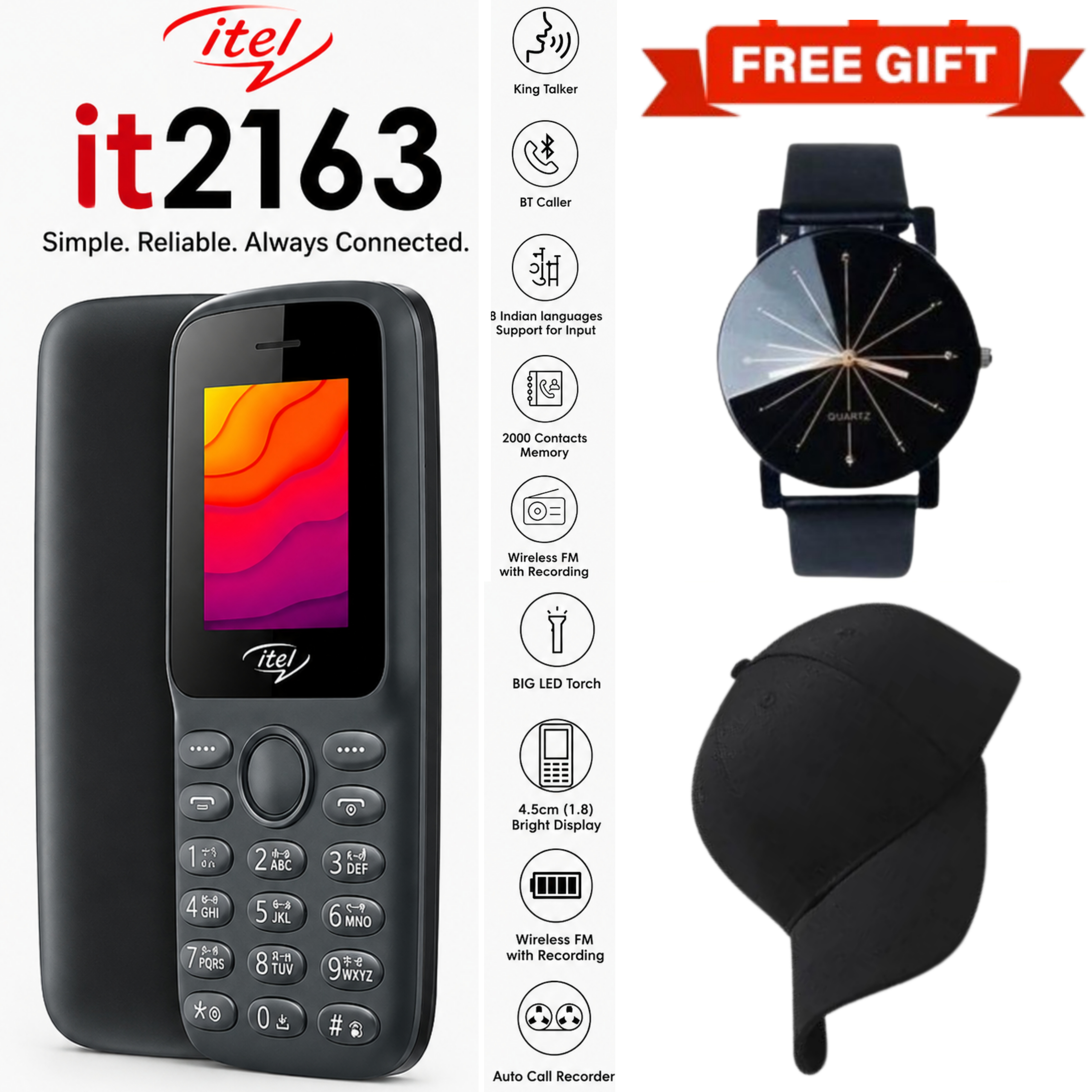 LIMITED DISCOUNT !!!BRAND NEW ITEL 2163 1.8" Display Wireless FM Dual SIM Opera Mini Bright Torch Kabambe Button Feature Phone King Talker with 2000 Contacts Memory, Long-Lasting Battery + FREE GIFTS