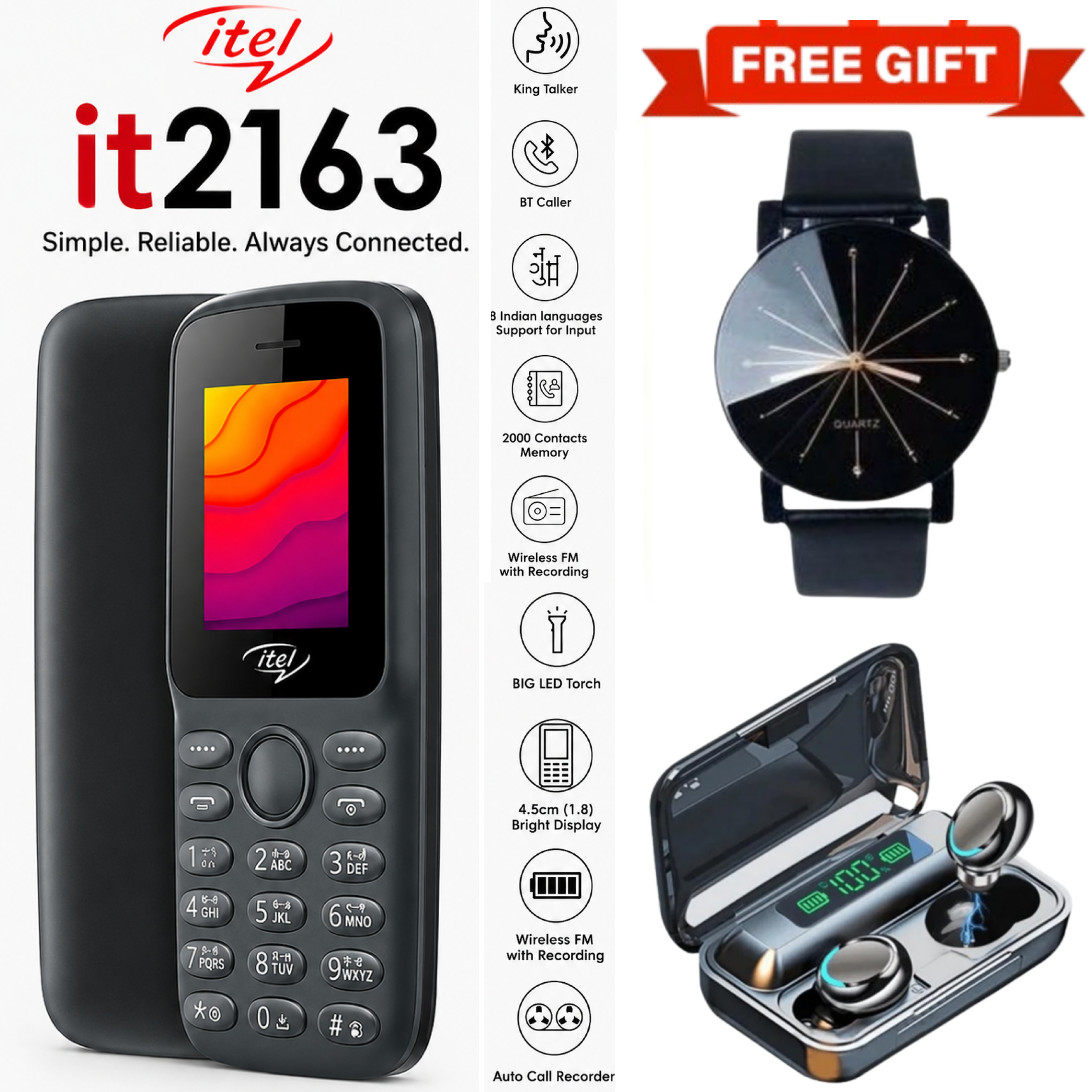 LIMITED DISCOUNT !!!BRAND NEW ITEL 2163 1.8" Display Wireless FM Dual SIM Opera Mini Bright Torch Kabambe Button Feature Phone King Talker with 2000 Contacts Memory, Long-Lasting Battery + FREE GIFTS